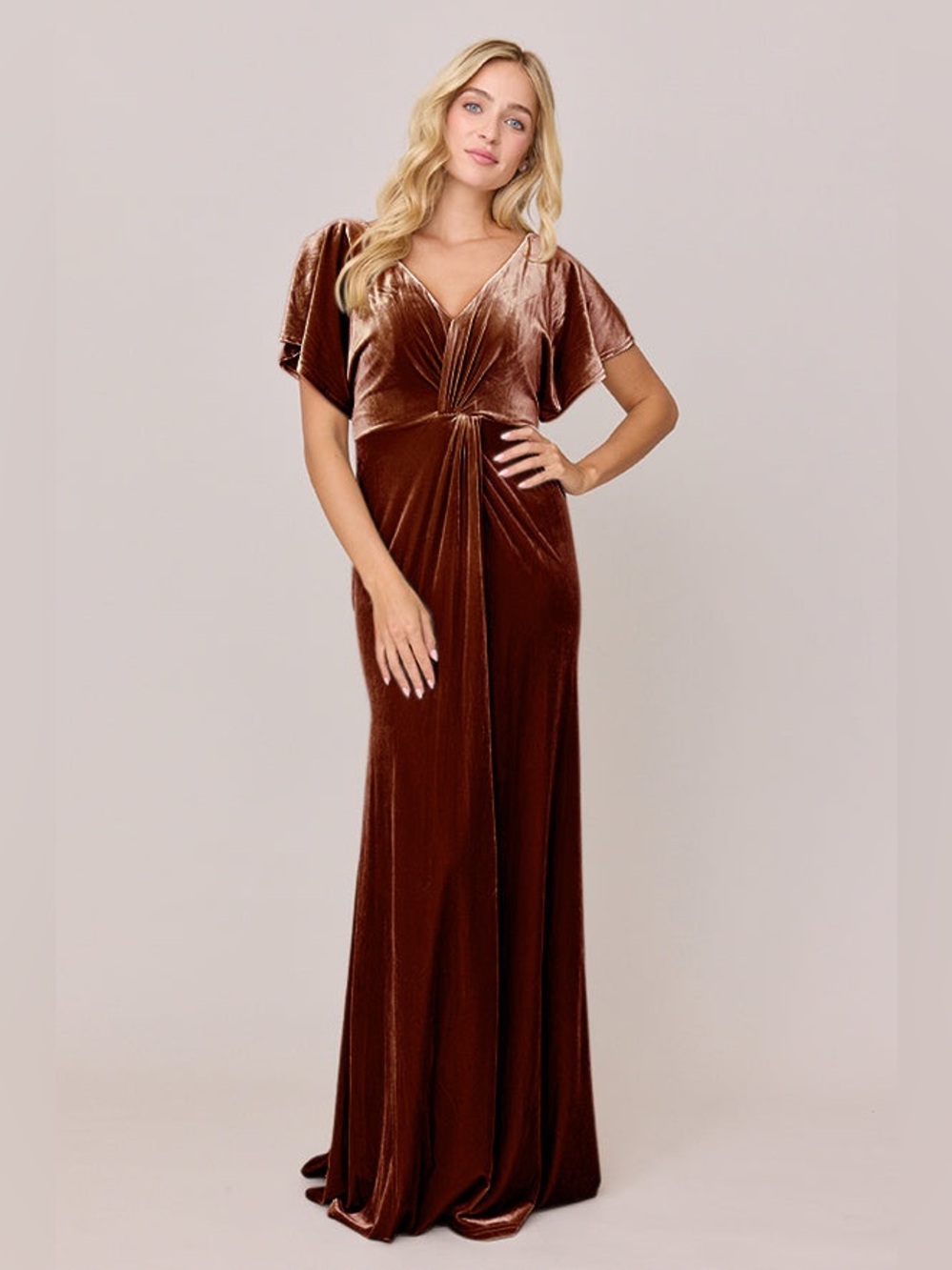 REVELRY Gwen Velvet Dress Brown Bronze Vneck size 10 Velvety Velour Formal